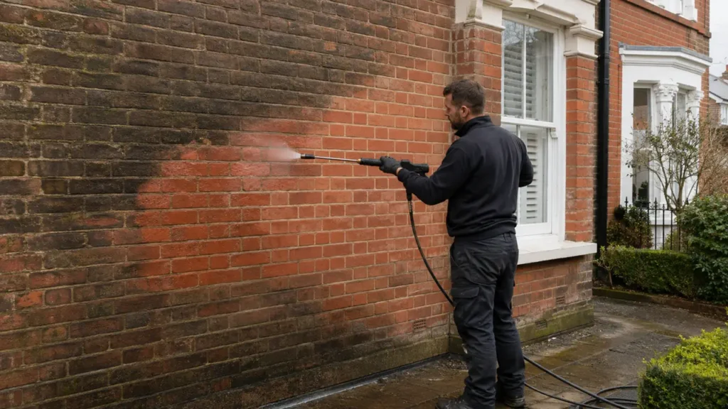 Professional cleaning of weathered exterior brickwork at a London property