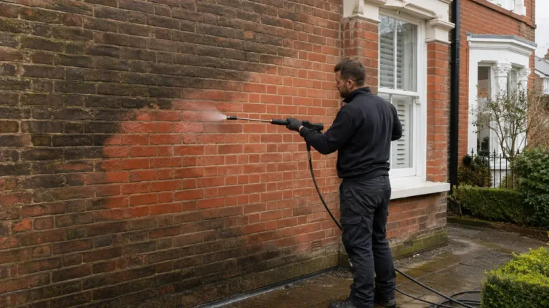 Professional cleaning of weathered exterior brickwork at a London property