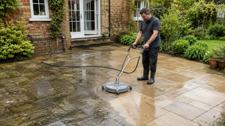 Professional cleaning of a weathered patio at a London home