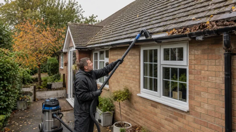 Professional gutter cleaning at a London home before autumn