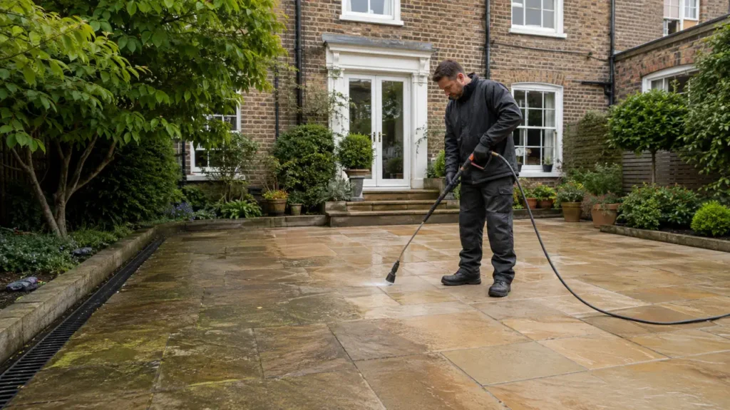 Professional cleaning of natural stone paving at a London property