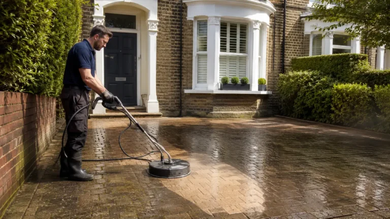 Professional pressure washing a London driveway during the 2026 hosepipe ban