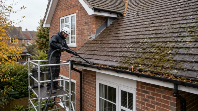 Professional roof and gutter cleaning at a London home before autumn