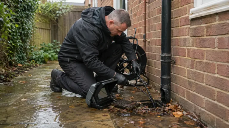 Professional inspecting a blocked outdoor drain at a London property