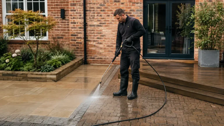 Professional pressure washing a suitable paved surface at a London property